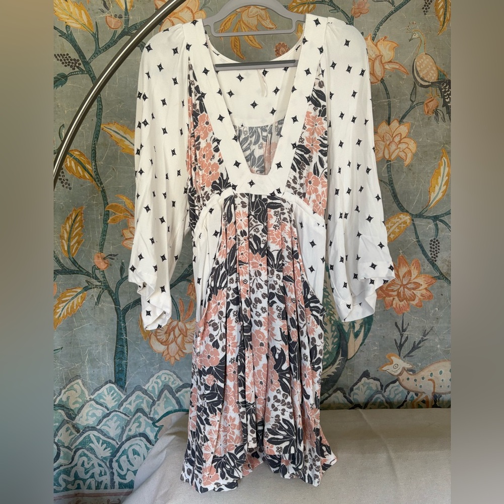 New Free People Tallula White Print Long Sleeve Mini Dress Small